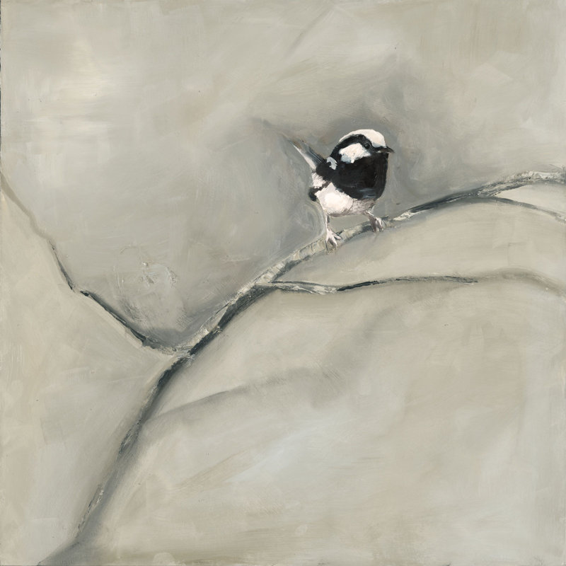 Oiseau noir et blanc sur une branche délavée - reproduction sur toile, H 36 po x l 36 po