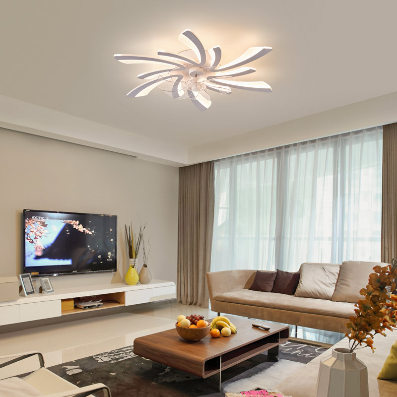 Ventilateur de plafond à DEL à intensité variable réversible à 7 pales avec lumière et télécommande Abson, Blanc