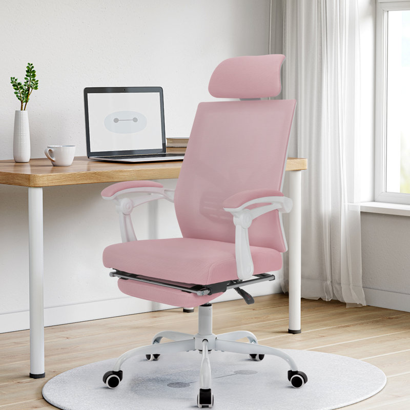 Yepez Ergonomic Swivel Mesh Task Office Chair With S-Shaped Backrest, Headrest And Footrest, Pink