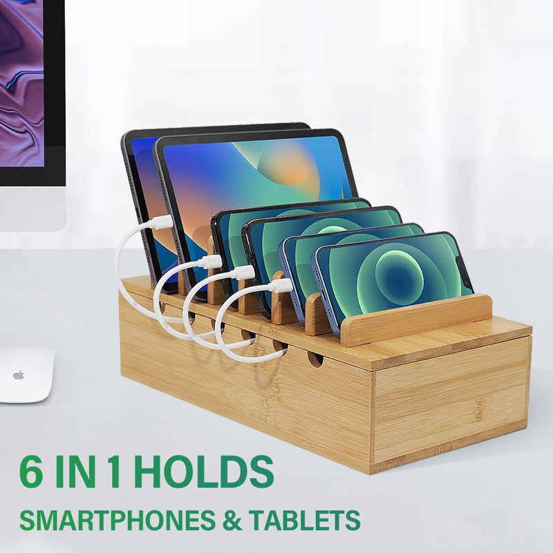 Station de charge en bambou pour plusieurs appareils, organisateur de stations d'accueil de bureau compatible avec les appareils iPhone, support de téléphone portable à chargement en bois (comprend 6 câbles) (aucune alimentation)