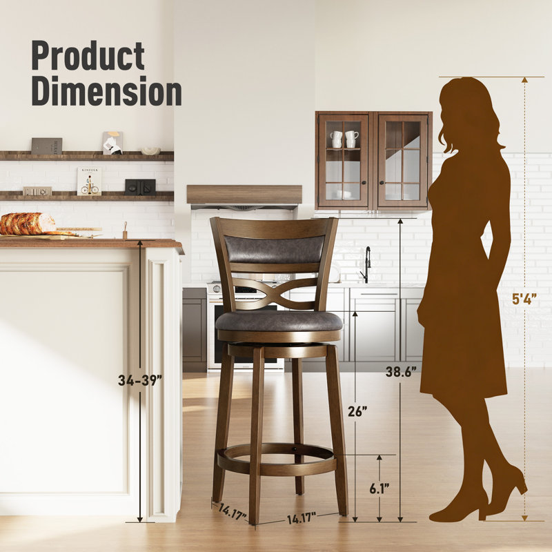 Tabouret de comptoir pivotant en bois rembourré de 26 pouces avec dossier large et siège en similicuir (ensemble de 2), 2