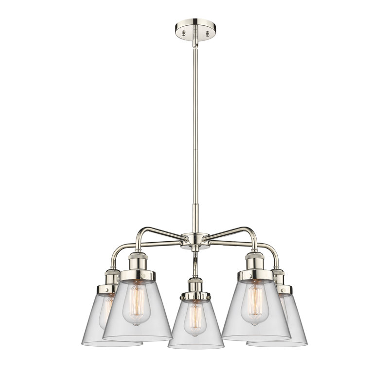 Cone 5 Light Stem Hung Chandelier, Clear, Polished Nickel