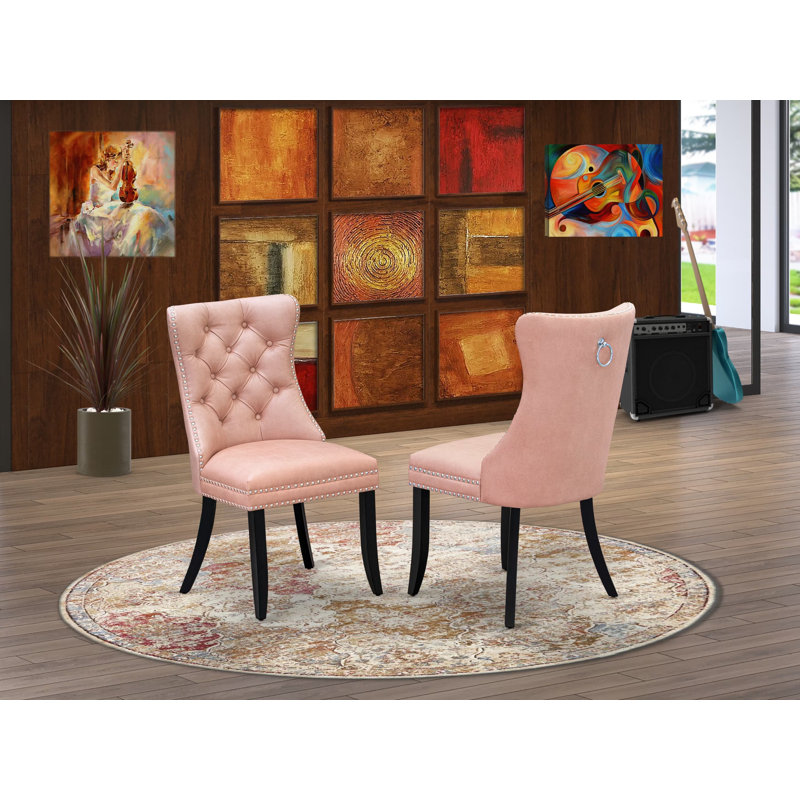 Dallas Parson Kitchen Chairs - Button Tufted Nailhead Beige Red Polyester Fabric Padded Dining Chairs, Set of 2, Wirebrushed Black