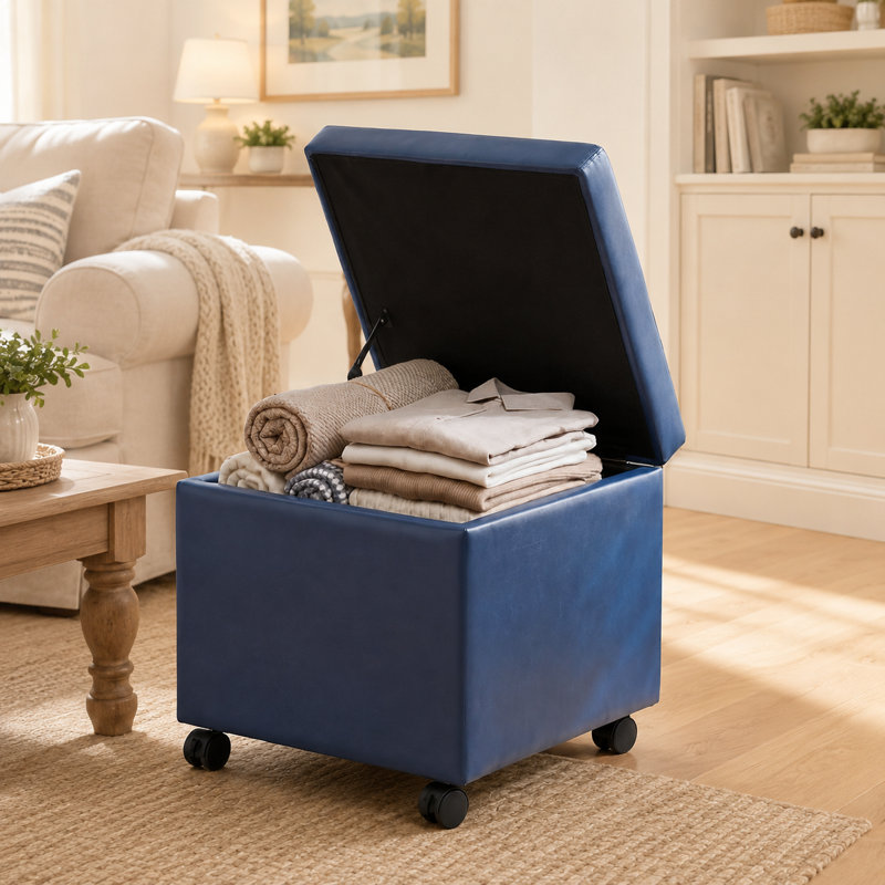 Repose-pieds de rangement carré en similicuir de 18 po avec roulettes pour le salon, Simili cuir, Bleu