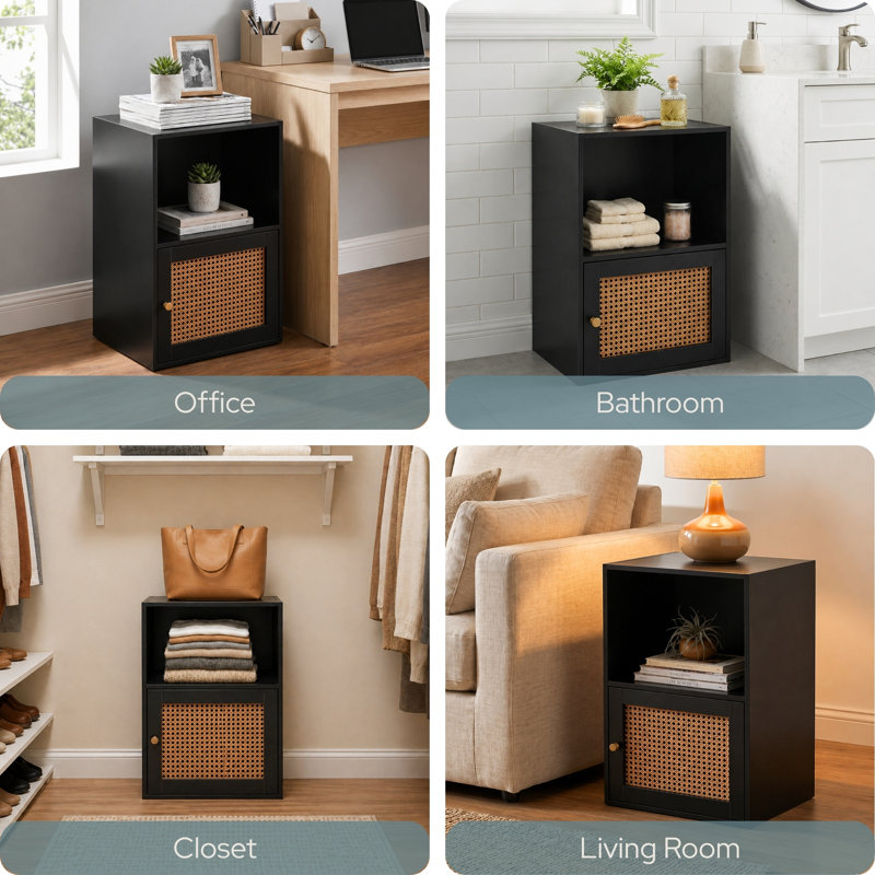 Renita Storage Boho Weave 1 Door Cabinet with Shelf, Black/Beige Barley