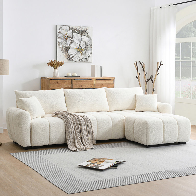 Canapé modulaire de 110 po en forme de L avec siège très grand, conception en ligne, repose-pieds mobile, mousse haute densité, combinaison libre, structure en métal robuste et en bois