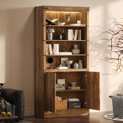 83.4"Tall Modern Bookshelf With Doors, Farmhouse Bookcase With 3-Tier Adjustable Shelves, Display Shelves With LED Light,Large Storage Cabinet For Living Room,Home Office, Walnut