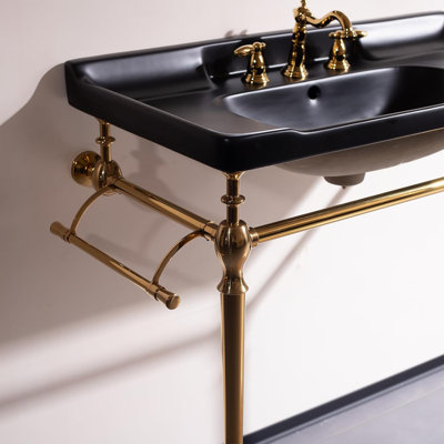 28"Console Bathroom Sink,Freestanding Console Sink With Gold Legs, Bathroom Vanity with 3 Tap Holes,Black Basin