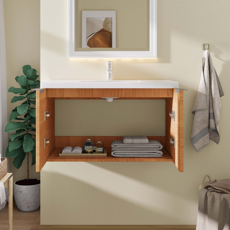 Meuble-lavabo flottant avec portes à fermeture en douceur et lavabo en céramique, Chêne