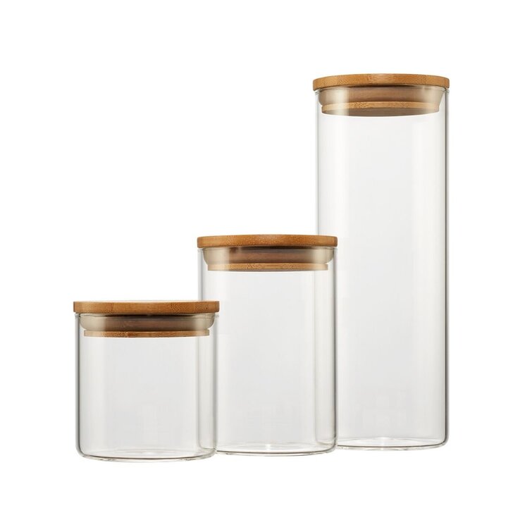 3PC Glass Canisters Set for Kitchen Counter with Airtight Lids - Retro Design - Pantry Organization Food Storage Containers for Cookies, Tea, Sugar, C
