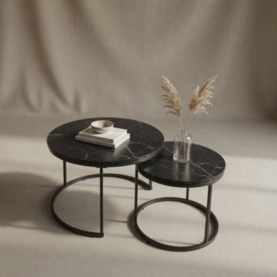 Nesting Coffee Table Set Of 2, 27.6Inch Round Coffee Table Wood Marble Pattern Top With Sturdy Metal Frame, End Table Side Tables For Living Room Bedroom Balcony Yard (Black)