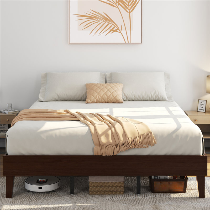 Multi-sized Wooden Platform Bed Frame with Sturdy Slat Support, Dark Walnut, King