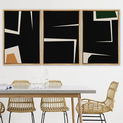 Black Geometric Abstract Shapes Minimalist Modern Eclectic Wall Art Framed On Canvas 3 Pieces Print