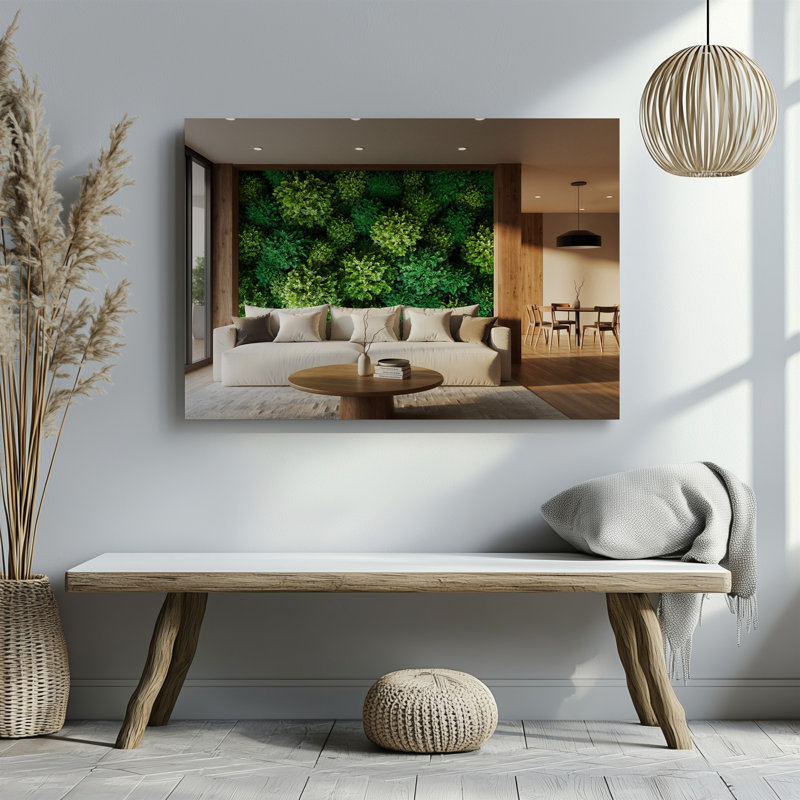 Toile d'un confortable salon moderne avec un grand canapé d'art mural blanc moelleux avec des coussins moelleux positionnés devant une toile murale circulaire