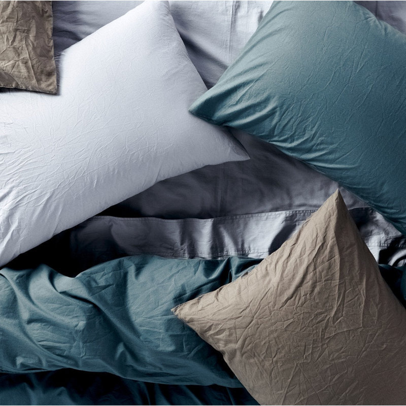 Ensemble de draps en percale organique froissé, Ensemble de draps pour lit simple avec 1 taie d'or, Bleu acier