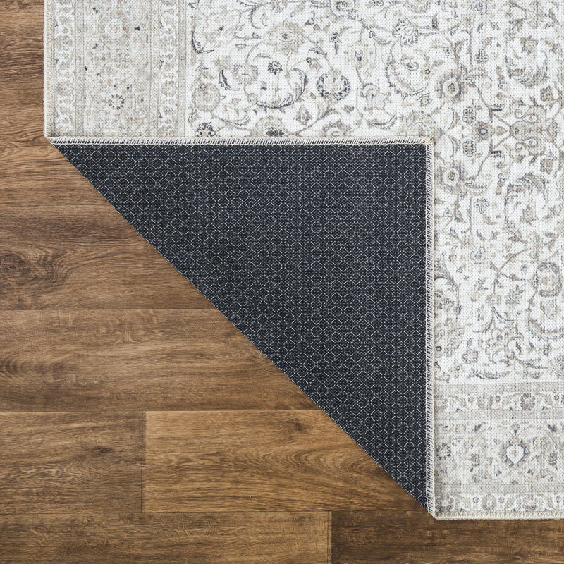 Tapis lavable antidérapant à bordure traditionnelle beige / blanc cassé 3 pi x 5 pi, Rectangulaire 3 pi x 5 pi