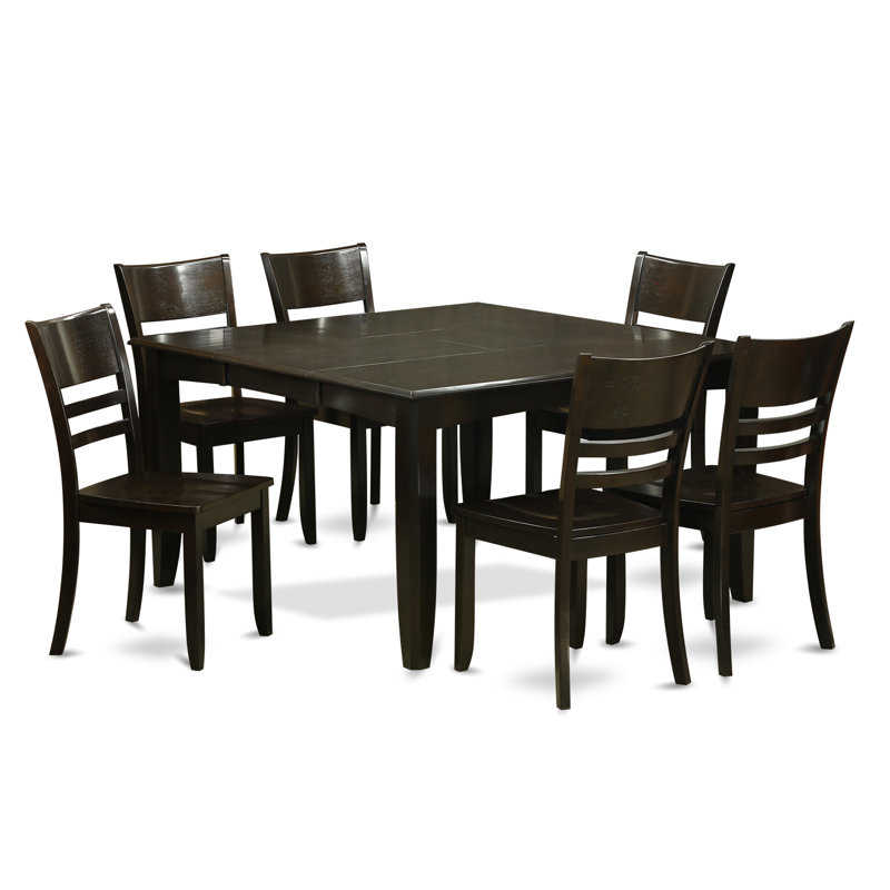 7 Piece Kitchen Table & Chairs Set Consist of a Square Dining Room Table with Butterfly Leaf and 6 Solid Wood Seat Chairs, Cappuccino