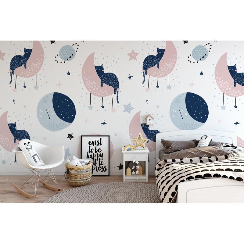 Papier peint amovible pour enfants, lune de chat et mignon chat endormi, L 48,96 po x l 75 po