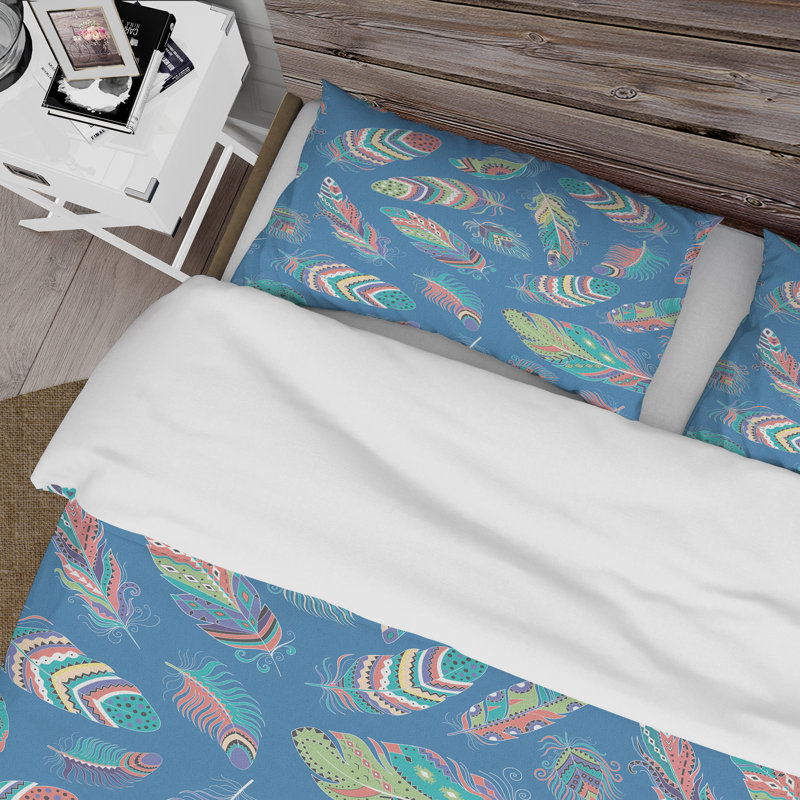 Ensemble de housse de couette bohémien Blue Hippie Boho Feathers - Microfibre polyester, Bleu