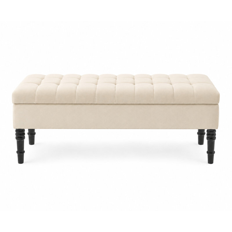 Cubed Tufted Rectangle Ottoman Storage Bench, Upholstered Plush Velvet Shoe Bench with Black Turned Wooden Legs, Cream Plush