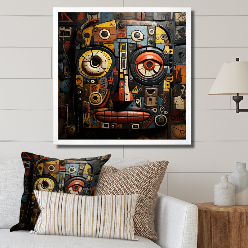 Tribal masque africain I - art mural masque africain, H 36 po x l 36 po x P 1,5 po, Cadre simple blanc