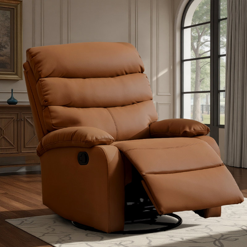 Top Grain Genuine Leather Recliner, Small Swivel Rocker Recliner Chair,manual Recliner Chair For Living Room, Bedroom, Home Theater,rv-Brown