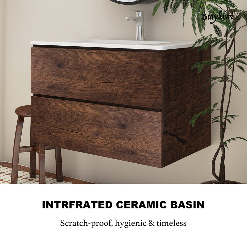Ensemble de meuble-lavabo mural avec lavabo en céramique, Noyer, 30''