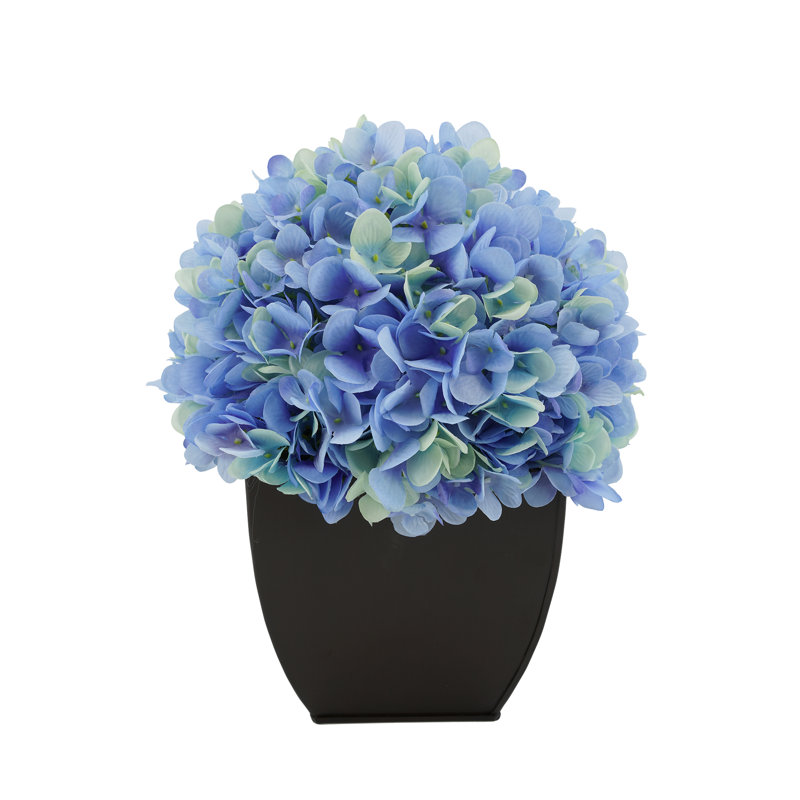 Arrangement d'hortensias en tissu synthétique bleu en pot, Bleu, Noir