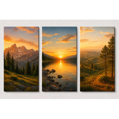 Très grand ensemble de 3 impressions sur toile de montagne au coucher du soleil sur un lac de montagne, impression sur toile de salon rustique, impression sur toile 24 x 36 pouces - prête à être accrochée