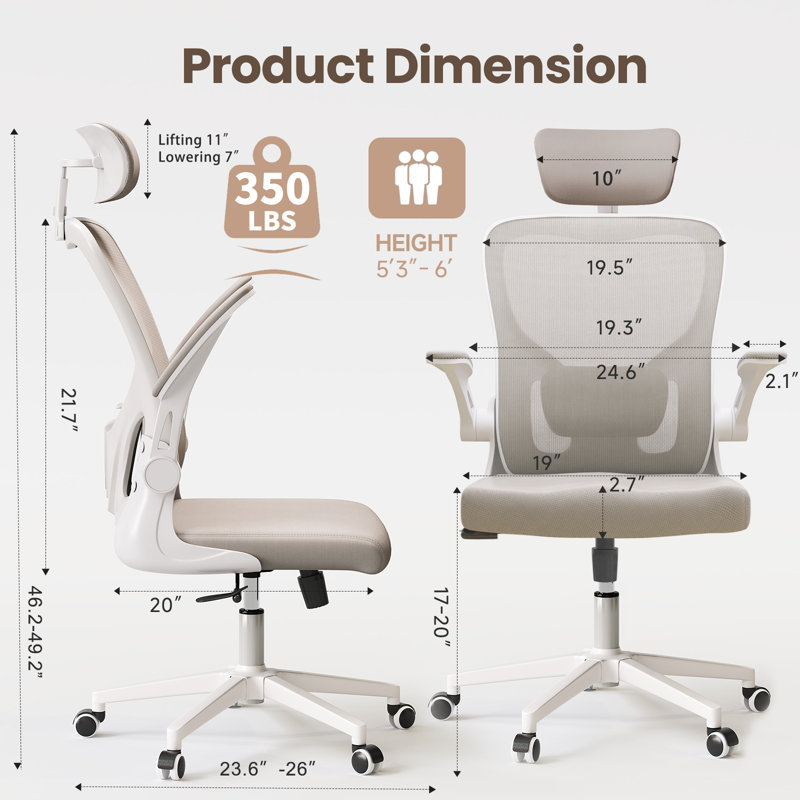 Chaise de bureau ergonomique, chaise de bureau à dossier haut en filet avec support lombaire réglable, appui-tête en 2 dimensions, accoudoirs rabattables, fonction d'inclinaison, chaises de travail pivotantes à roulettes, chaise d'ordinateur pour les 