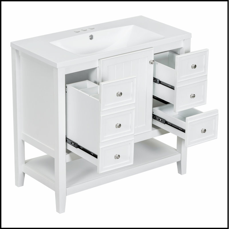 Meuble-lavabo de 36 pouces en bois massif et panneau de fibres à densité moyenne avec lavabo, une armoire et trois tiroirs pour un rangement durable