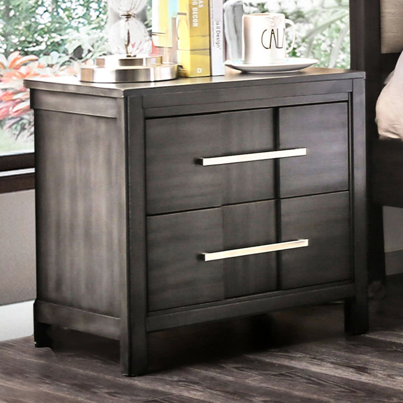 Table de chevet transitionnelle grise 1 pièce moderne avec 2 tiroirs, plateau doublé de feutre, bois massif et assemblage facile pour la chambre à coucher, quincaillerie en nickel contemporaine, décor simple