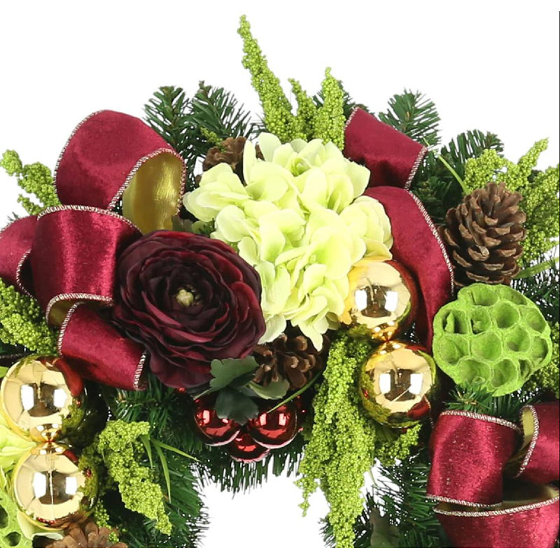 26" Evergreen Wreath With Ranunculus, Heather And Bows