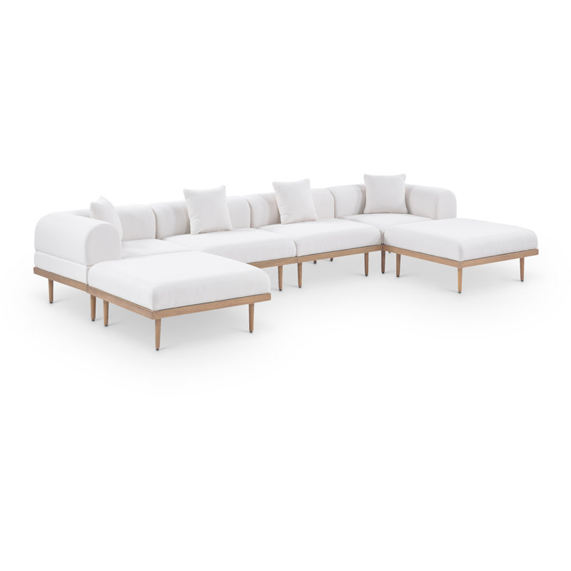 Madeleine 142" Resilient Water Resistant Olefin Fabric Upholstered 6Pc. Outdoor Patio Modular Sectional, Cream