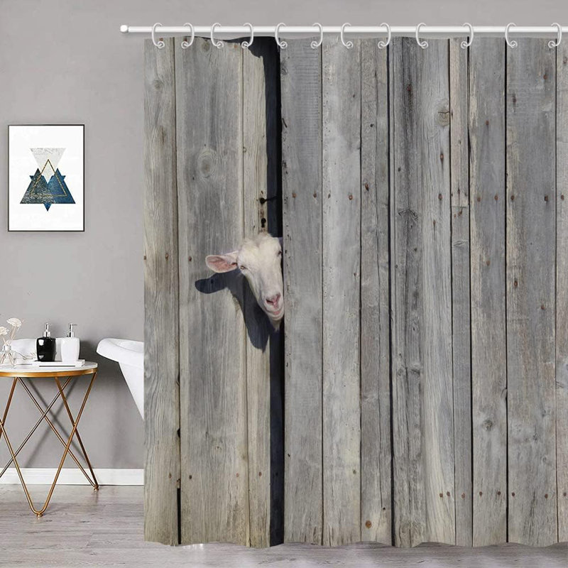 1PC Goat and Gray Rustic Wooden Board Waterproof Shower Curtain with 12 Hooks, 182.88cm H x 198.12cm W
