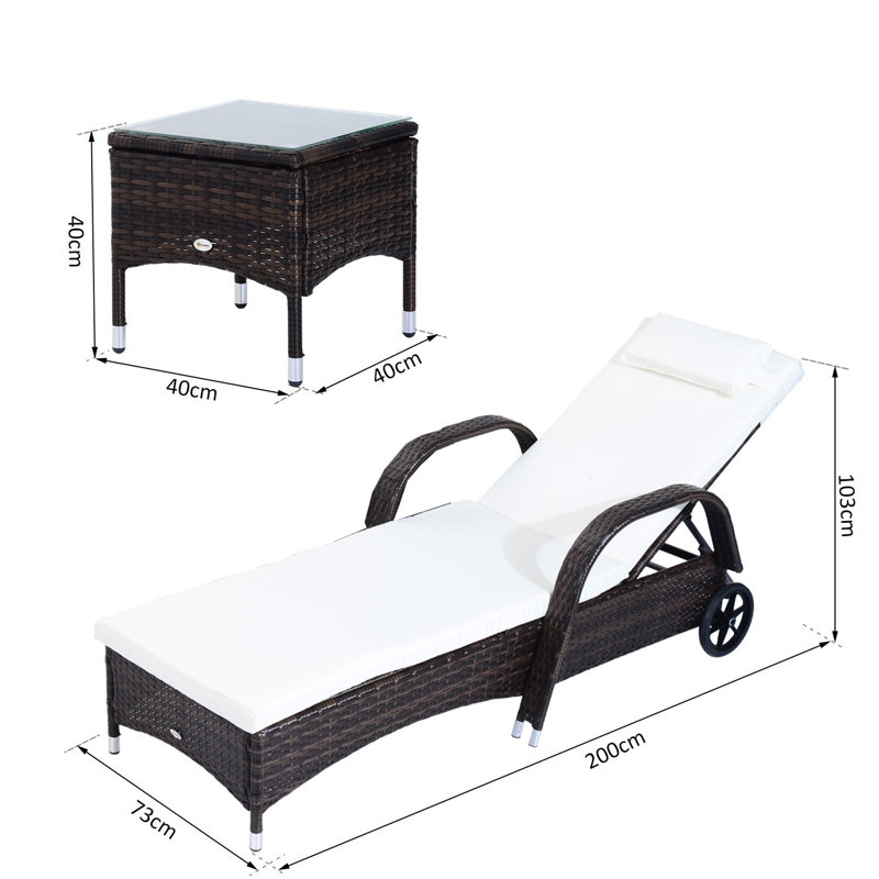 Stutler 200cm Long Reclining Chaise Lounge Set with Cushions and Table, Brown/White