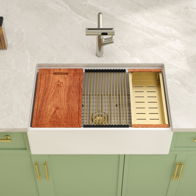 33'' L X 20'' W Ceramic Farmhouse Undermount Workstation Kitchen Sink, Single Bowl Kitchen Sink with Sink Grid, Strainer, Colander, Cutting Board and Roll-up Rack