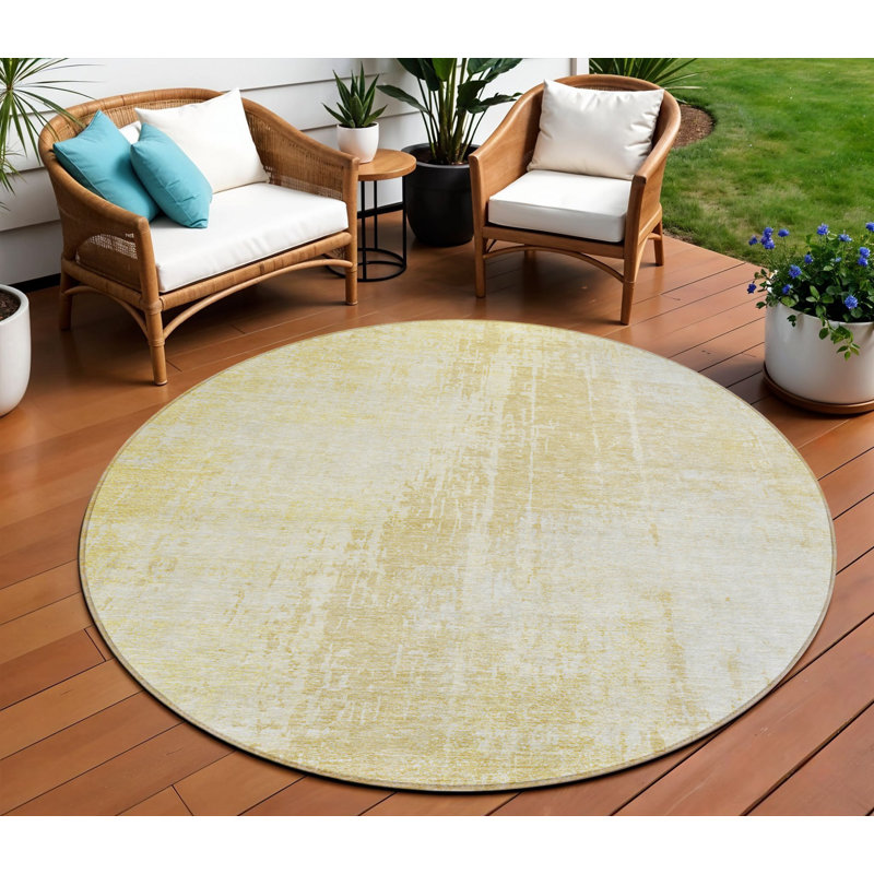 Tapis extérieur rond lavable abstrait ivoire et beige 8 pi
