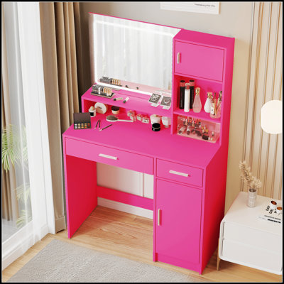 Élégant meuble-lavabo avec miroir, bande lumineuse à DEL et beaucoup de rangement, parfait pour les chambres à coucher modernes et les routines de maquillage.
