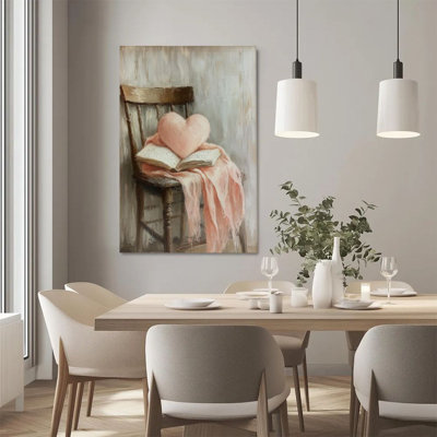2D Flat, 1Pc Framed Canvas Wall Art, Heart-shaped pillow, open book, vintage realistic style Art Print Canvas Poster Painting Room Wall Decor, Ideal Gift For Valentine's Day, Ready To Hang