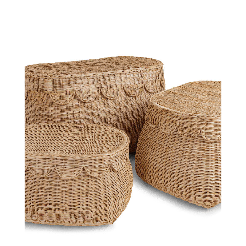 3-Piece Scalloped Rattan Storage Basket Set with Lids – Handwoven Wicker Decorative Bins