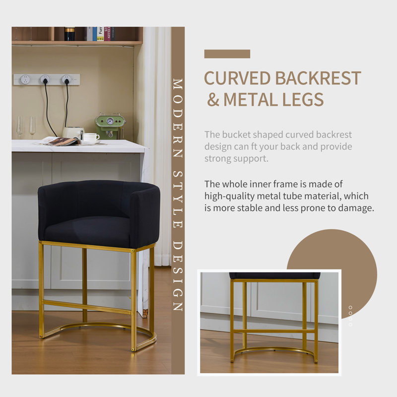 Gold Bar Stools Set Of 3, 25" H Modern Counter Height Bar Stools With Backrest, Linen Fabric Upholstered Bar Stool For Kitchen Island, Cafe