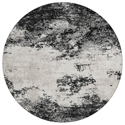 Tapis extérieur rond lavable abstrait 8 pi noir et gris