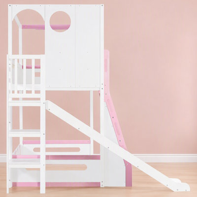 Lit mezzanine pour enfants, lit superposé avec glissade, tablettes de rangement et garde-corps pour enfants