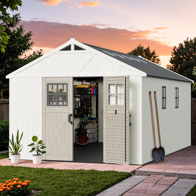 10 Ft. W X 16 Ft. D Plastic Storage Shed With Floor, Resin Shed With Reinforced Steel Structure, Beige