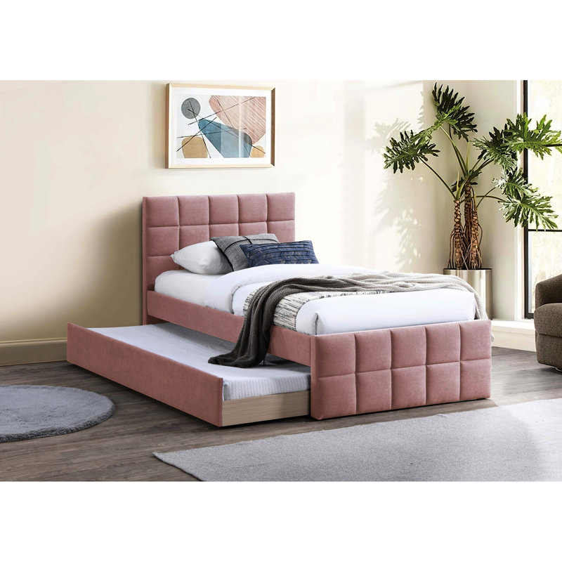 Full Size Pink Bed With Trundle And Upholstered Grid Pattern Headboard For Contemporary Bedroom Furniture Setup Ideas In Decorating Tips