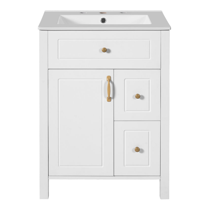 Meuble-lavabo de 24 pouces avec lavabo en céramique, tiroirs et portes à fermeture en douceur, compartiments de rangement intelligents, durabilité à 1 porte, 2 tiroirs, poignées élégantes en alliage d'aluminium