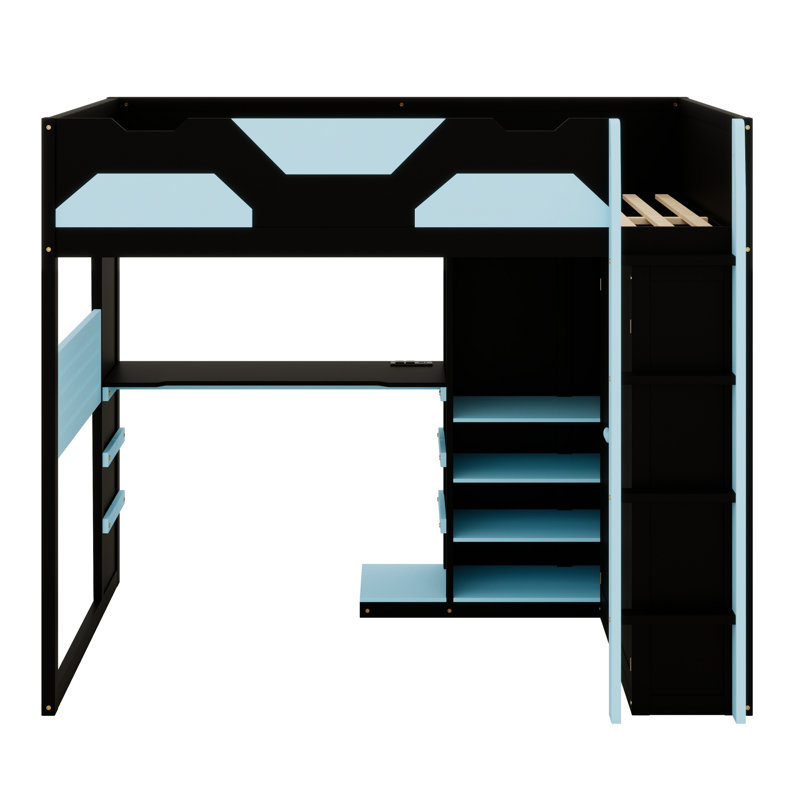 Lit mezzanine en bois avec bureau, tablettes de rangement multiples et port USB, Bleu nuage