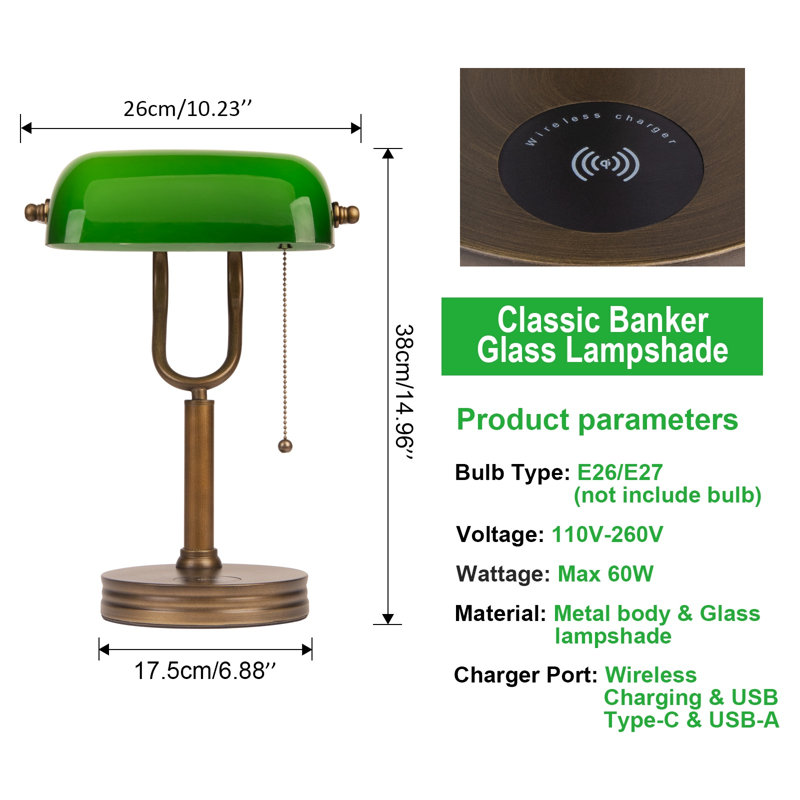 Lampe de bureau réglable à double bras avec abat-jour en verre vert rotatif à 350 °, lampe de table à chaînette en laiton antique, lampe de lecture de bibliothèque E26 rétro pour bureau, chambre à coucher et salle d'étude