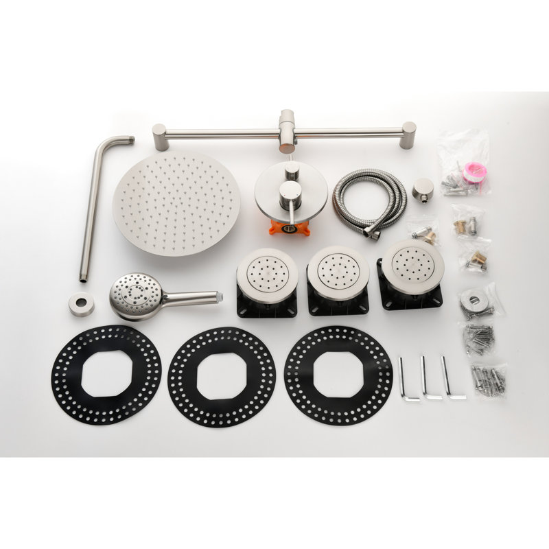 Brushed Nickel Shower Collection With Multiple Choices. Head, Hand Shower, Slide Bar, Bodysprays, Arm, Hose, Valve Trim, Lever Handles. Self-cleaning Head For Clear Water Flow. Installation Method